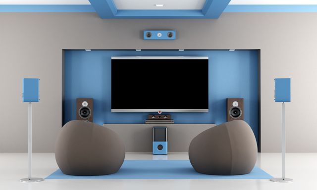 blue home theater with two  armchairs